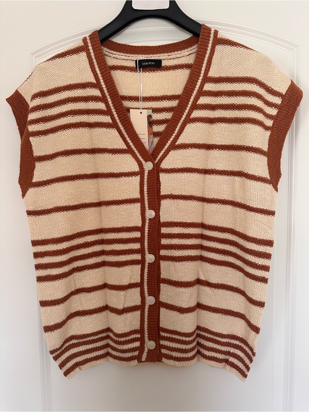 Dolcezza Cream & Brown Striped V-Neck Button Front Sweater Vest